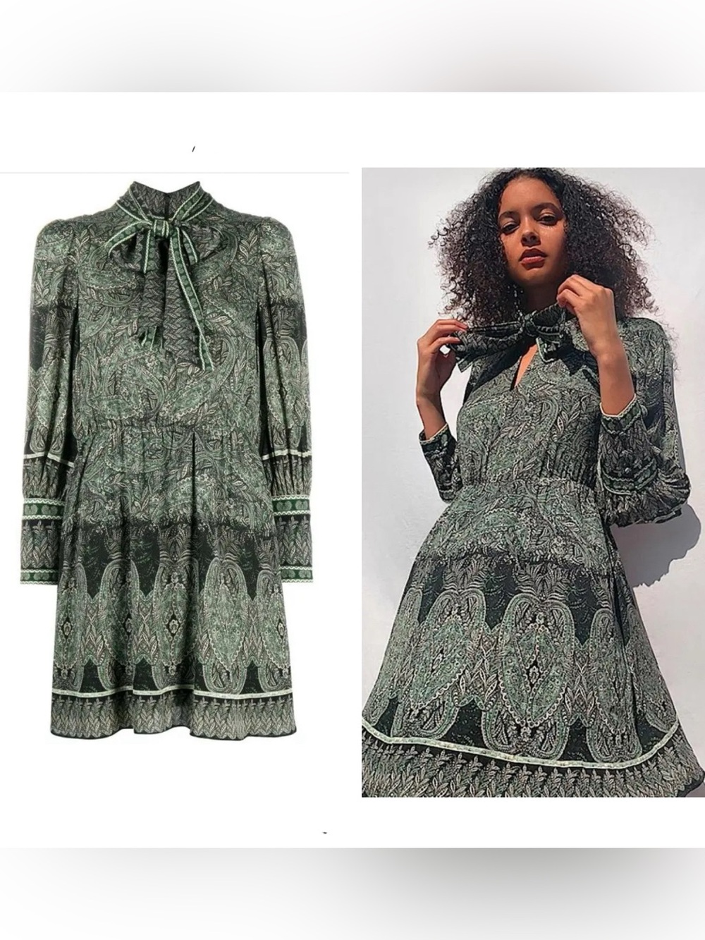 Alice & Olivia Tanisha long sleeve tie neck mini dress green paisley sz 14